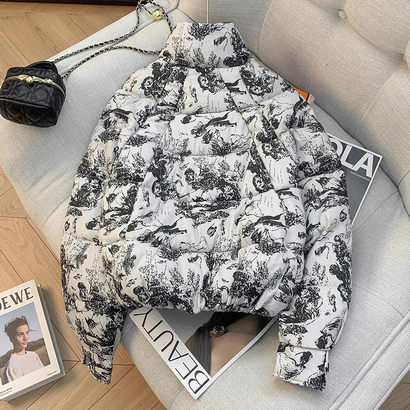 レディース 2025 冬物 大きいサイズ ショート丈 コットン服 プリント柄 長袖 ゆったり カジュアル 防風 ブレッドジャケット パーカー トップス w959