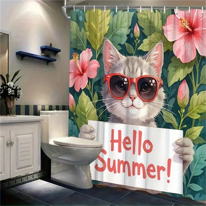 Hello Summer - Cool Cat in Sunglasses Shower Curtain - Water-Resistant, Easy to Clean, Adds a Fun and Seasonal Touch to Your