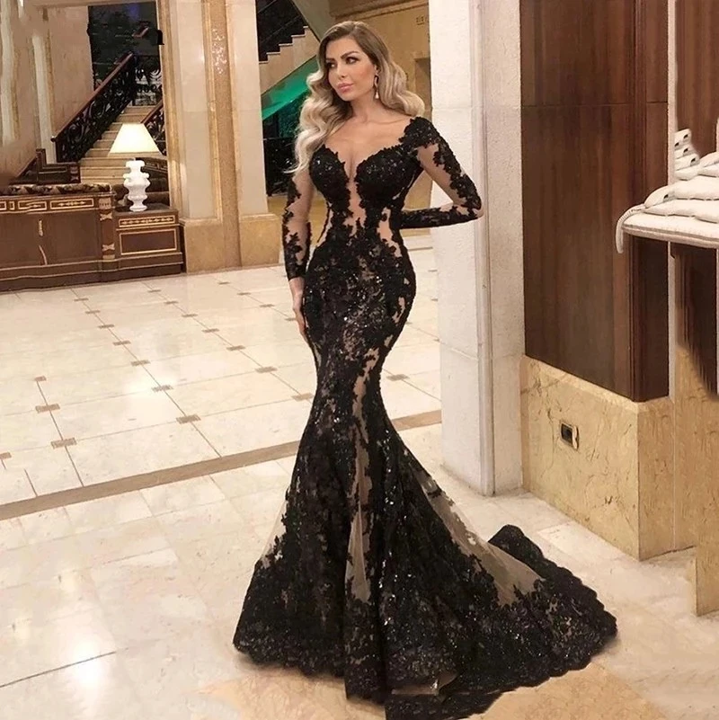 

ANGELSBRIDEP Long Sleeves Mermaid Prom Dresses Vestidos De Festa Fashion Applique Court Train Abendkleider Evening Party Gowns