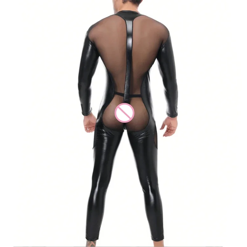 Sexy Mens Mesh Leather Lingerie Jumpsuits Erotic Body Wear Night Club Wear for Men Front and Back Transparent Tight Bodysuit