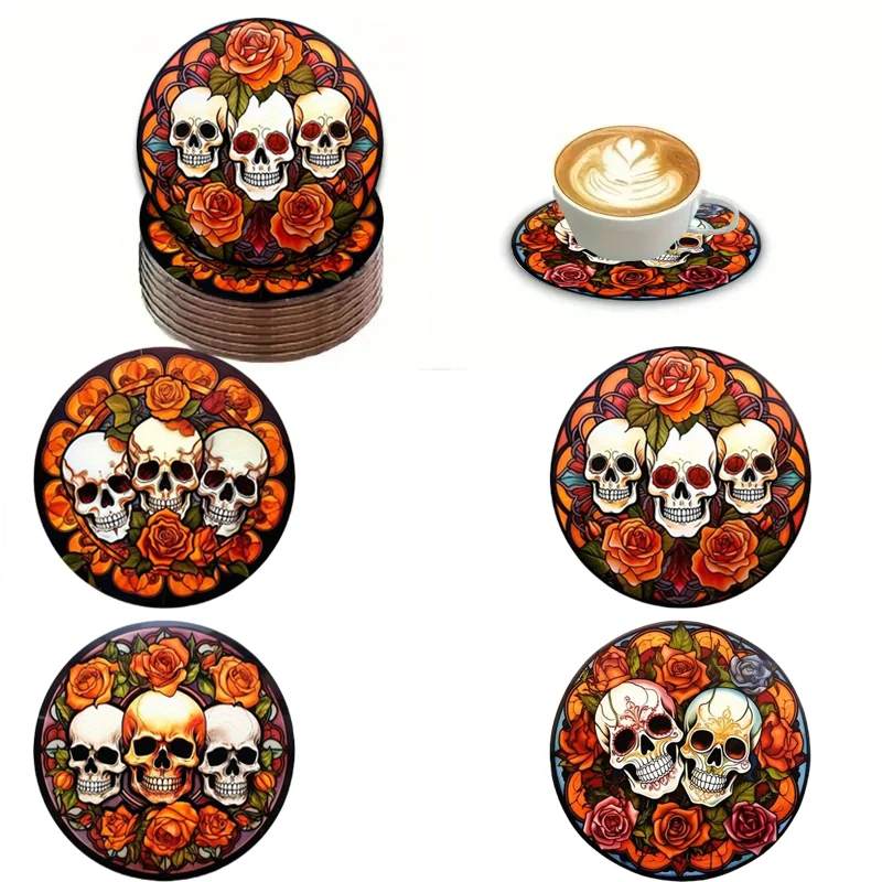 Ein 4-teiliges Set aus gemusterten, farbbedruckten Untersetzern der Skuller-Themen-Serie eignet sich für Halloween-/Weihnachtsgeschenke