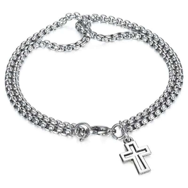 Corrente dupla masculina Cruz Oca Pulseiras de Pulso, pulseira de aço inoxidável Punk Party Jewelry, fecho de garra de lagosta, moda Hip Hop