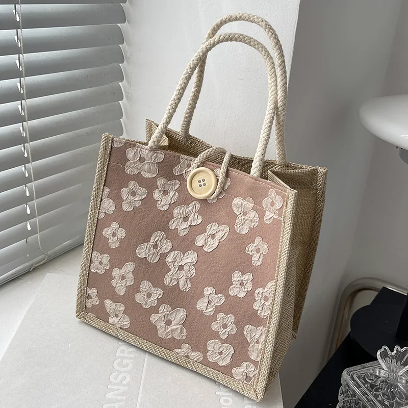 Large Capacity Linen Button Handbag Women Tote Grocery Bag Gift Bag Beach Organizer Portable Shopping Lunch Bag Fashion Handbag