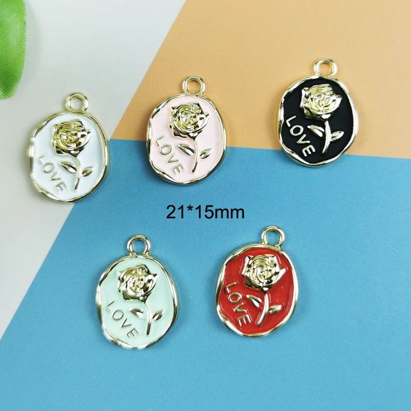 MuhNa10pcs/pack Oil Drop Rose Flower Love Enamel Charms High Quanlity Gold Tone Metal Pendants DIY Fashion Jewelry Accessories