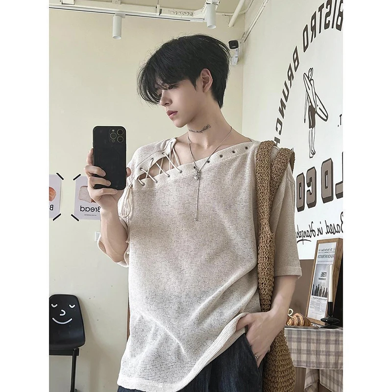 

2026 Summer New Asymmetrical Slant Shoulder Hollow Out TShirt Men Women Casual Loose Fit Short Sleeve Knit Top Couple Streetwear