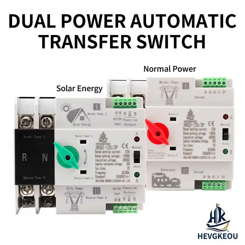 ATS 110V 125A 2P Automatic Transfer Switch - DIN Rail Dual Power Changeover Switch for Solar/City Power/Generator Uninterrupted