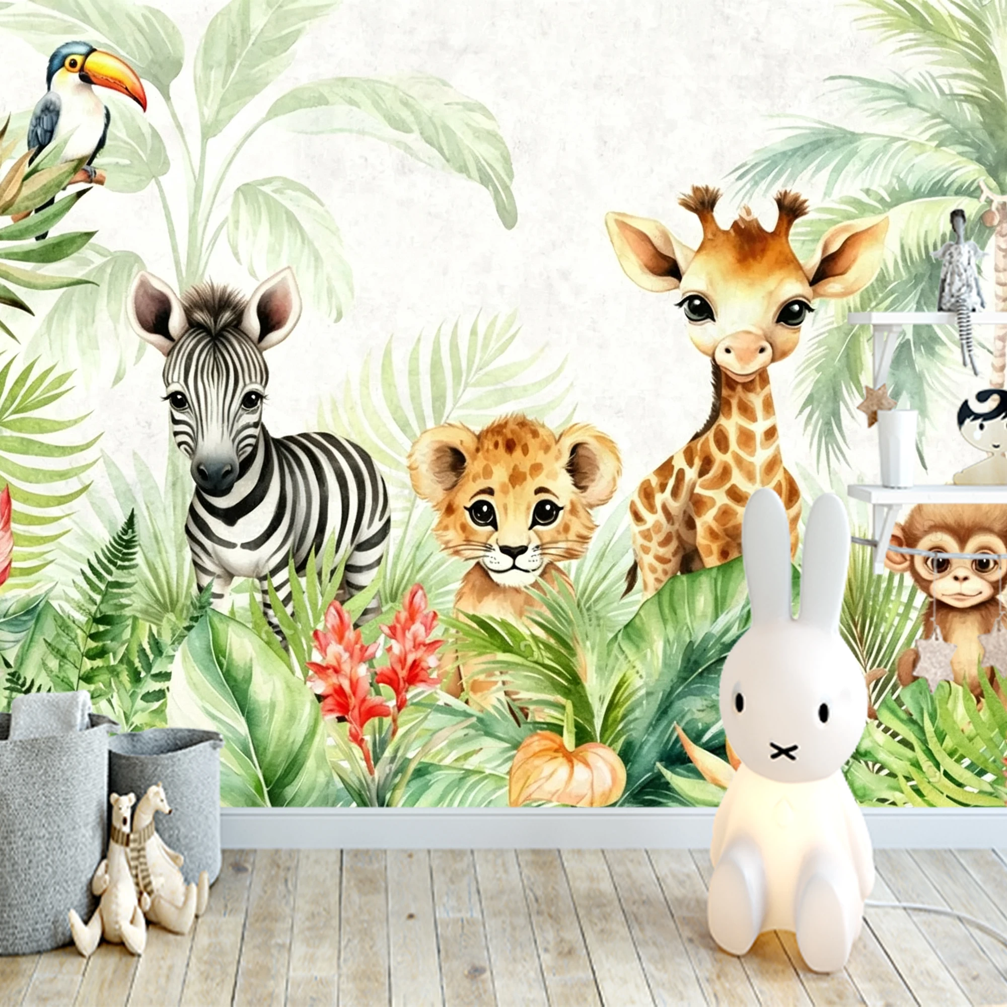 Custom Mural Wallpaper Kids Safari Peel And Stick Wall  Zebra Giraffe Lion Monkey  Tropical Leaves For Nursery Bedroom Home Deco