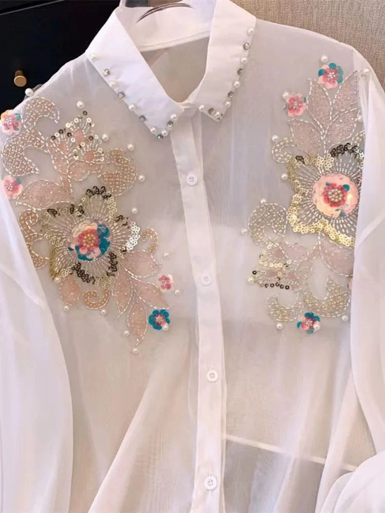 Beaded Collar Flowers Embroidery Long-Sleeved Single-Breasted Top for Women 2024 Summer Thin Sunscreen Shirts Blouses