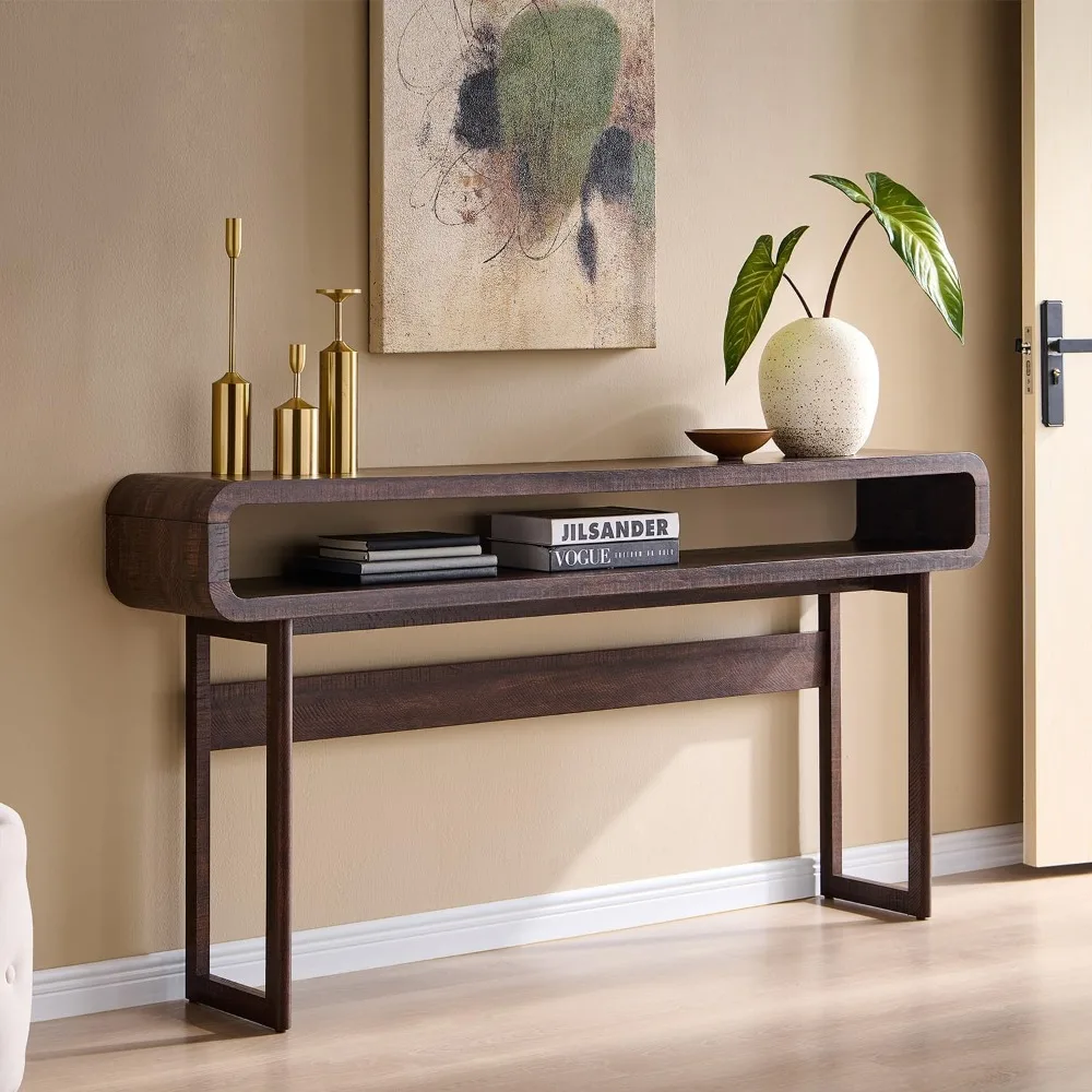 

63-Inch Long Console Table, 31.5 Tall Modern Entryway Table with Open Storage Shelf, Curved Profile Design, Narrow Wood Sofa