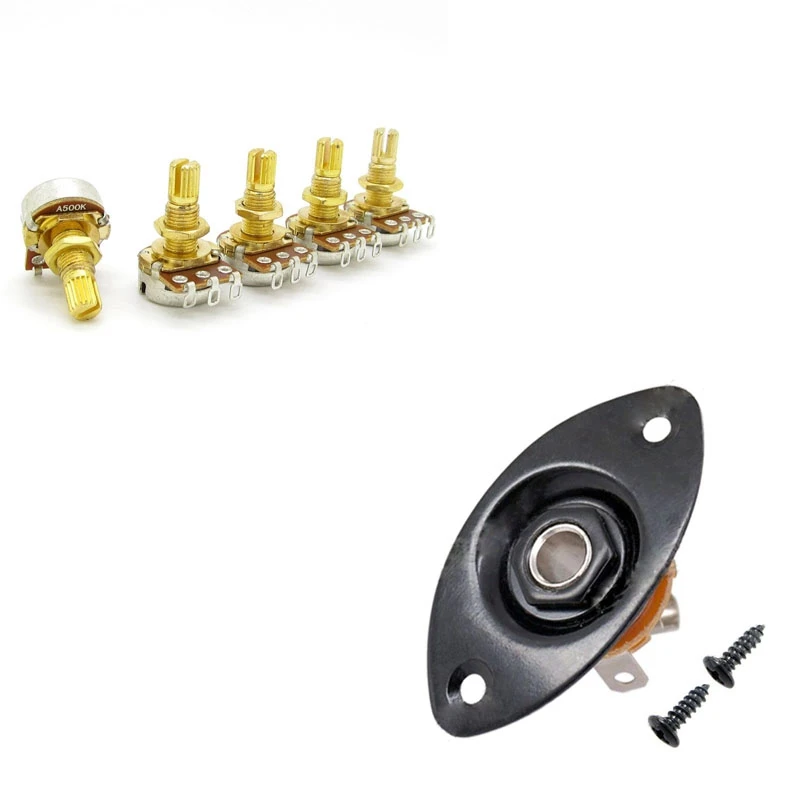 6 Pcs Guitar Accessories: 1 Pcs 30 BK Oval Indented Guitar Jack Plate Socket & 5 Pcs A500K Shaft Taper Potentiometers