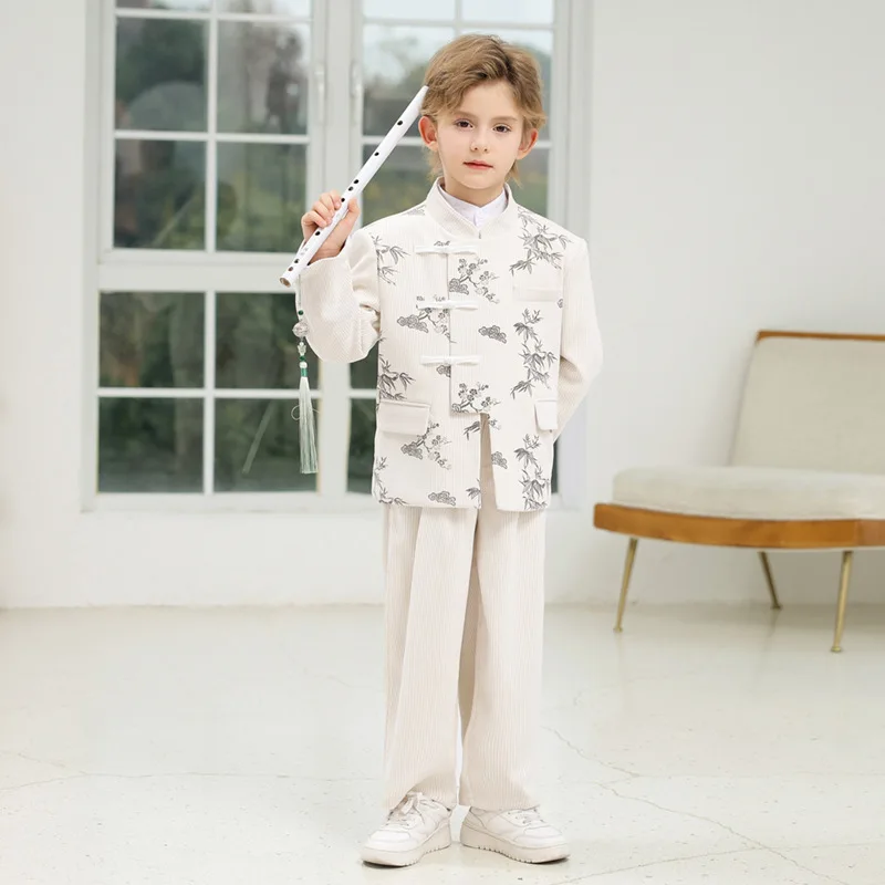 Children Boys Autumn 2/3PCS Suits Tang Style Children Boy Standing Collar Zhongshan Suit Retro 1-10Y Kid Boy Performance Costume