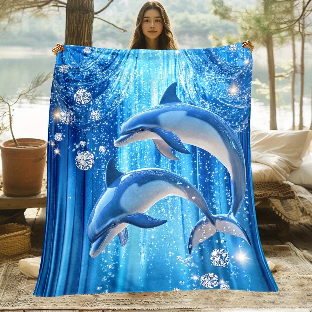 Ocean Dolphin Throw Blanket Cozy Soft Fleece with Glittering Water Design Ideal Gift for Marine Enthusiasts