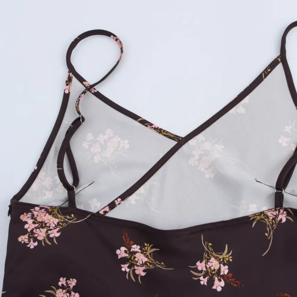 ผู้หญิงดอกไม้พิมพ์ Midi ชุดเซ็กซี่สปาเก็ตตี้ปรับสายคล้องคอซิปด้านข้าง SLIM FIT ชุดกระโปรงฤดูร้อนใหม่