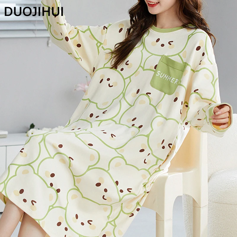 DUOJIHUI Chic Printing Autumn New Sweet Loose Sleepwear Women Basic O-neck Loose Casual Simple Pullover Fashion Female Nightgown