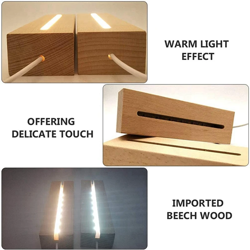 2X dasar lampu persegi panjang kayu, dasar tampilan LED kayu alas lampu dudukan untuk akrilik, kristal, lampu malam, seni Resin