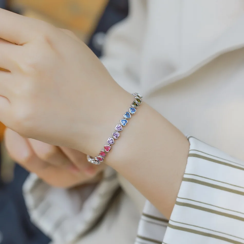 ALLNOEL 925 Sterling Silver Tennis Bracelet Colorful Rainbow CZ Heart Shaped Zircon Bracelet For Women Fine Jewelry Wholesale
