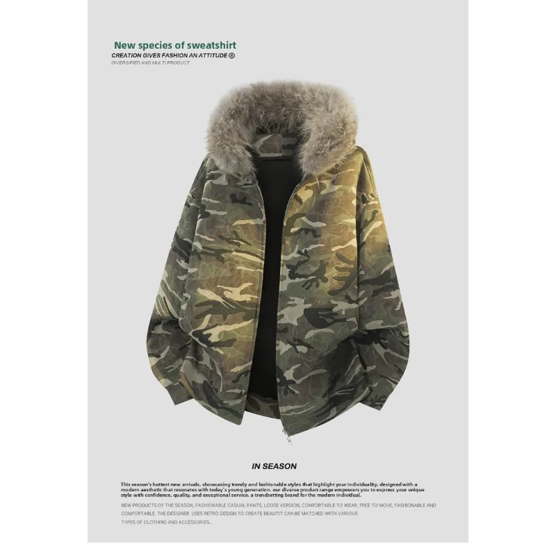 

Брендовое пальто с меховым воротником, повседневный американский камуфляжный уличный кардиган, велосипедная куртка, модный стиль для пары, мужская модная толстовка