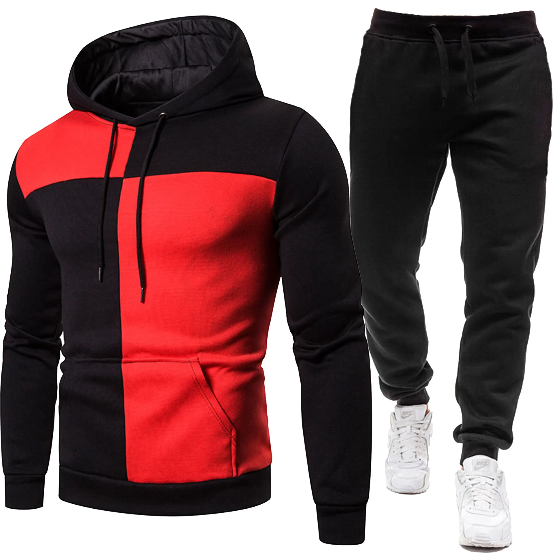 

Spring Autumn New Men's Hooded Casual Sports Suit Athletic Two-tone patchwork Long sleeves Pullover and Long pants 2-Piece Set