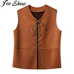 Kids Boys Medieval Renaissance Vest Pirate Costumes Halloween Party V Neck Sleeveless Lace-up Pirate Gothic Steampunk Waistcoat