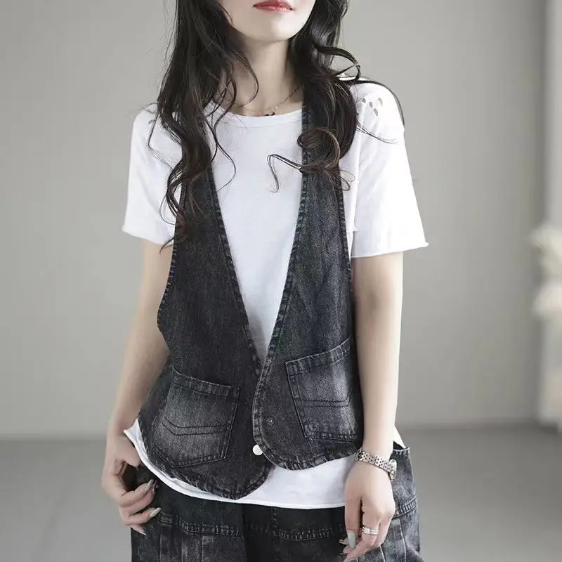 Women Vest Waistcot Vintage Denim Vest V-neck Streetwear Women Clothes Tops Sleeveless Jackets Cardigans Blue Black Tank New