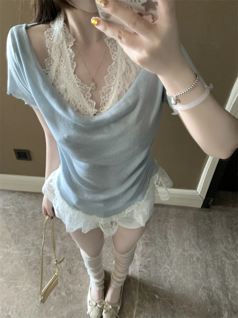 

Summer New Style Lace Splicing Knitted Short Sleeve T-Shirt Women's Pure Desire Wind Pleated Slim Unique Beautiful Top