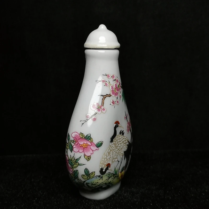 YIZHU CULTUER ART Size 3.2 Inch Chinese Porcelain drawing red-crowned crane plum blossom Snuff Bottle