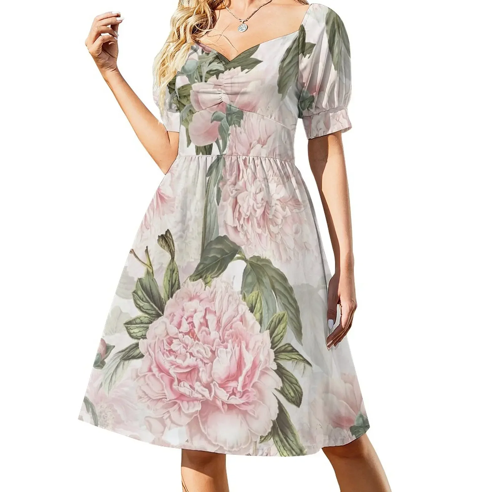 

Vintage Botanical Blush Peony Flowers Pattern Short-Sleeved Dress dresses summer woman 2025 Dresses