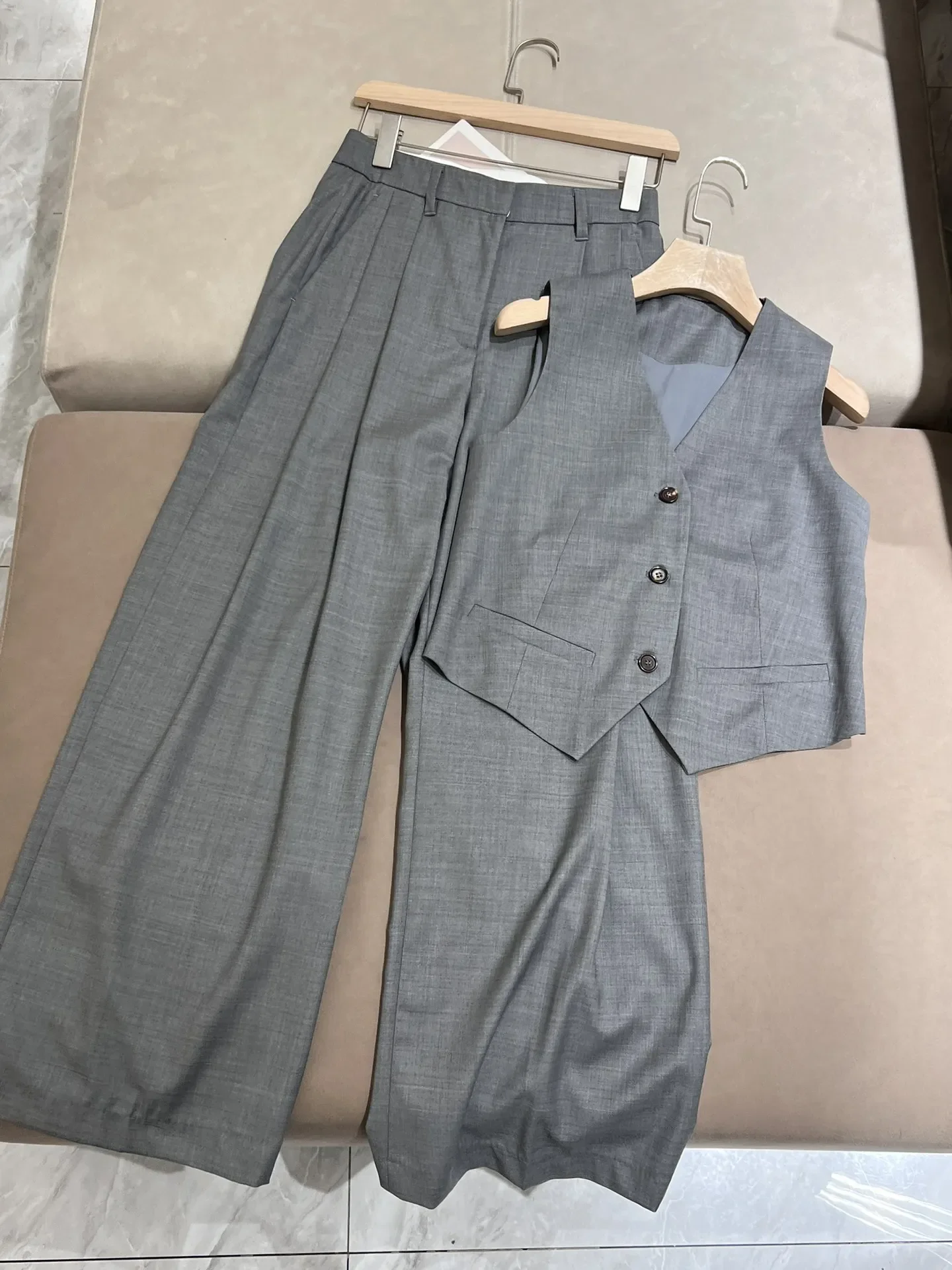 Women's Grey Suit Double Breasted Long Sleeve Blazer or Sleeveless V-Neck Vest or High Waist Straight Wide Leg Pants