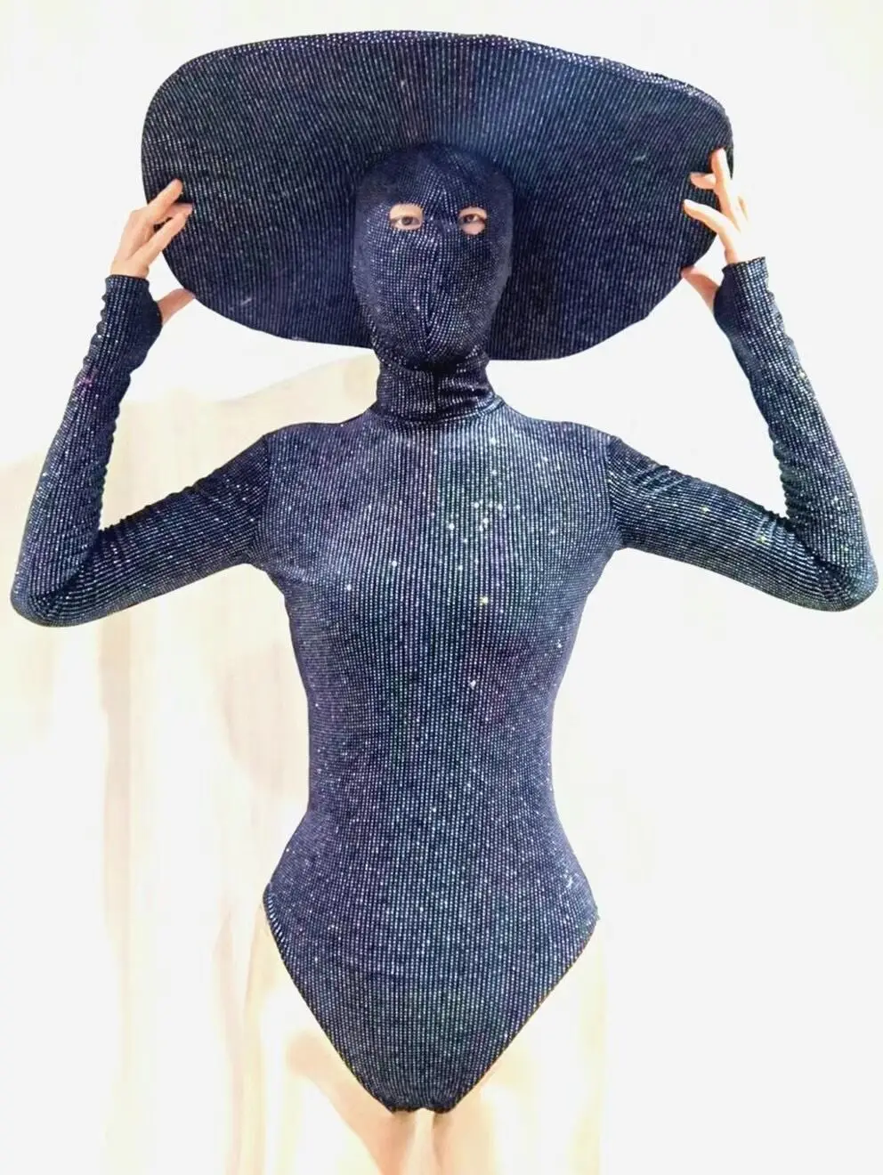 

Black Full Rhinestones Long Sleeves Bodysuit HAT Nightclub Female Singer Dance Outfit Birthday Evening Costume Show