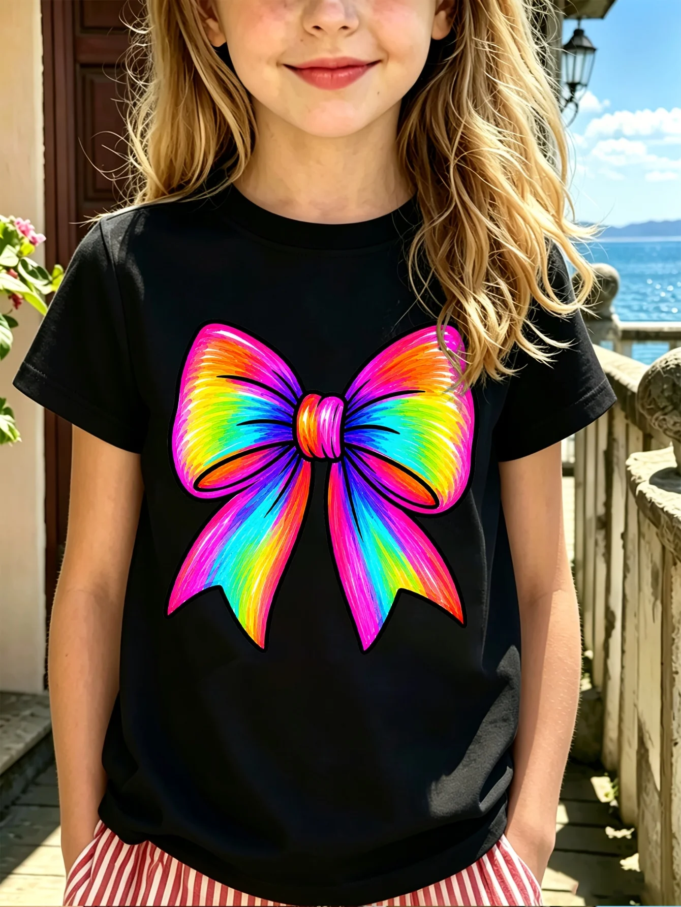 Rainbow Hand Drawn Bow Kid Tee Colorful Cute Ribbon Graphic Print Boys Girls Family Matching Cotton Short Sleeve Children Tshirt