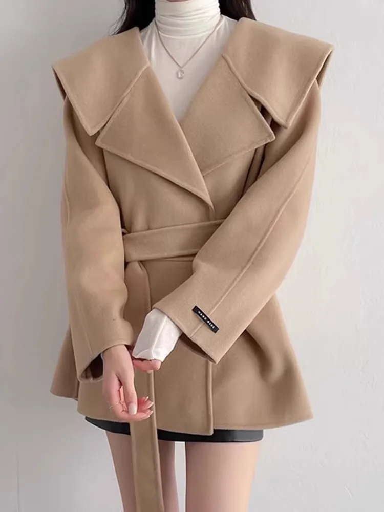 Beige Chic Blends Women Jacket Winter Lace-up Streetwear Notched Long Sleeve Wool Coat Woman Korean Fashion Elegant Clothing