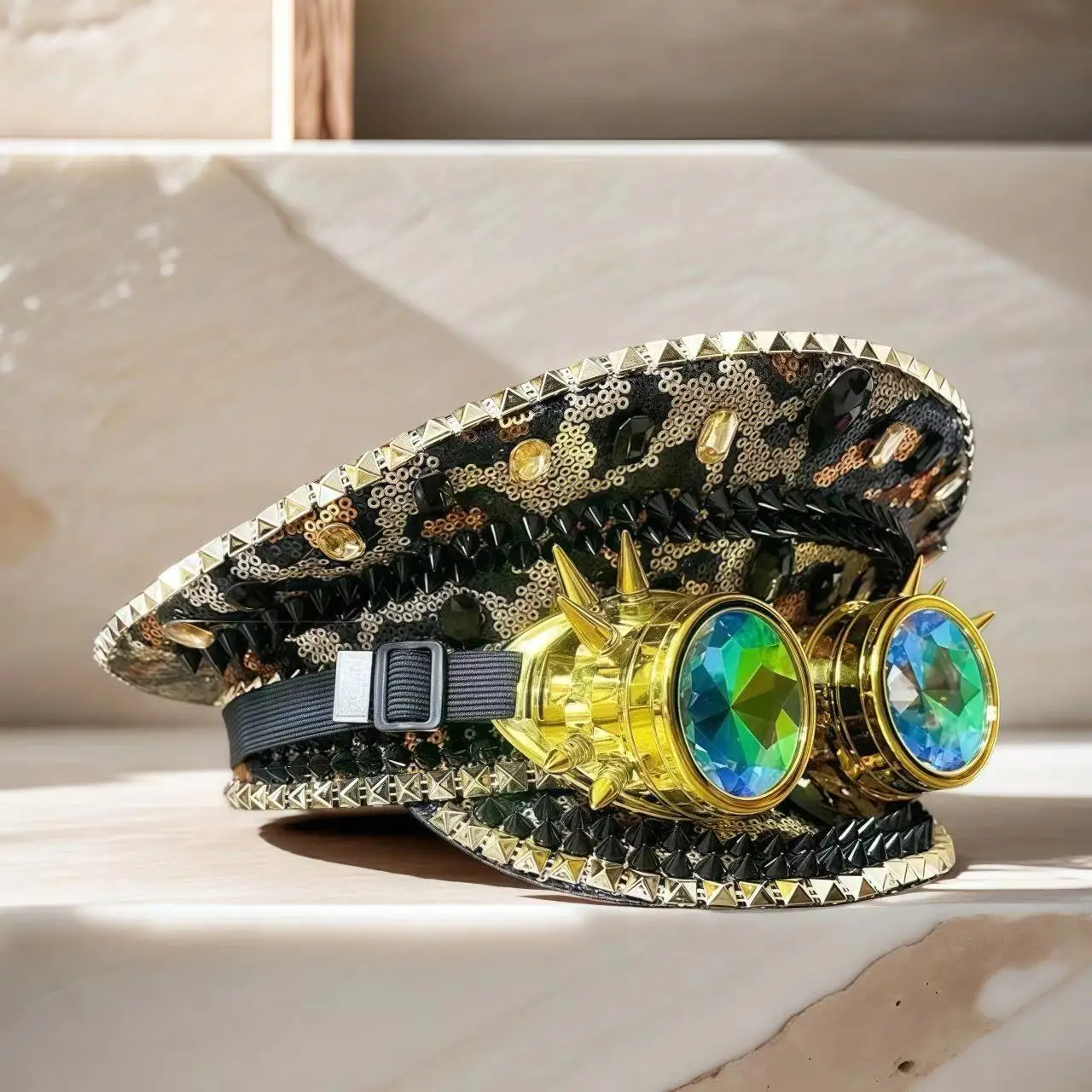 HongLuan Golden Steampunk Captain Hat حجر الراين مع نظارات لحرق الرجل مهرجان المرأة، الملحقات العسكرية وقبعة للرجل