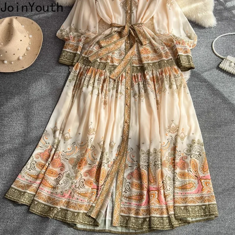 Floral Bandage Dress Women Lantern Sleeve Bandage Long Robe Femme 2024 Vestidos De Mujer Fashion Vintage Summer Maxi Dresses