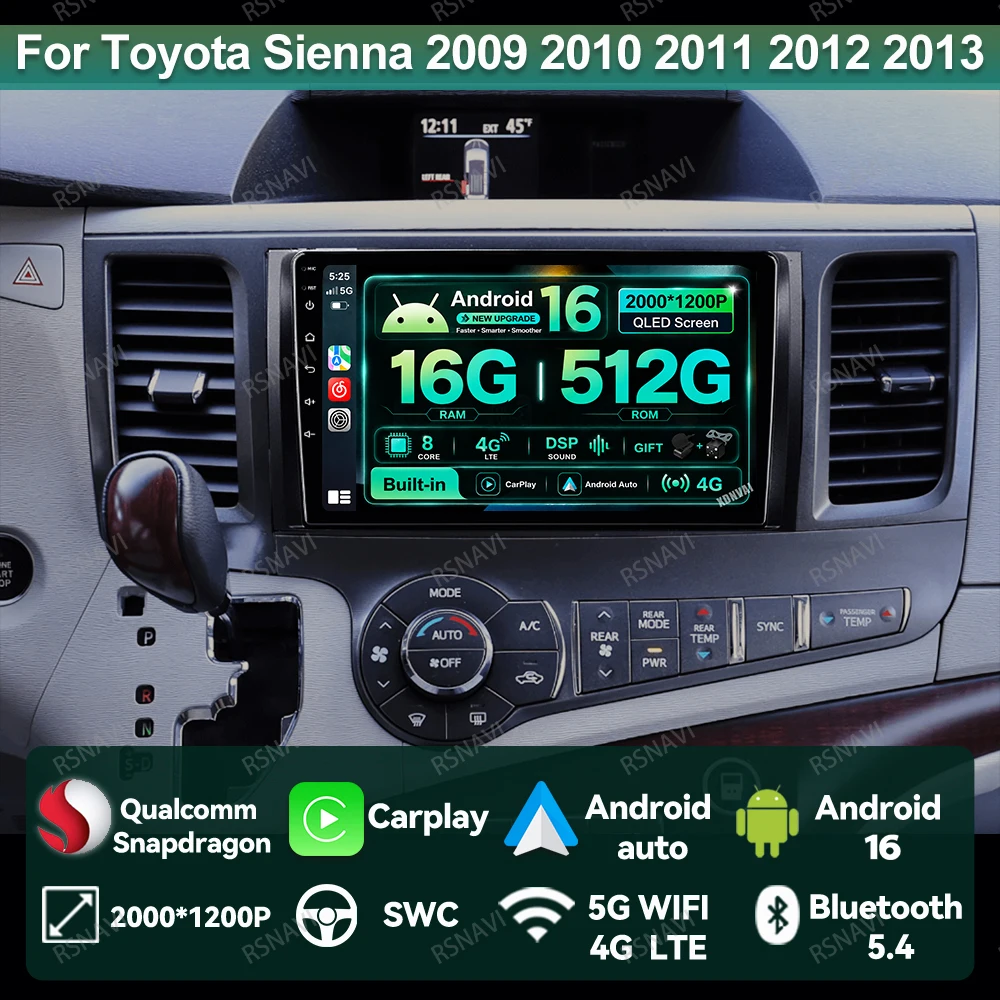 Android 16 Car Radio For Toyota Sienna 2009 2010 2011 2012 2013 2014 9/10 Inch DVD Qualcomm 8 Core AI Voice AUTO IPS Snapdragon