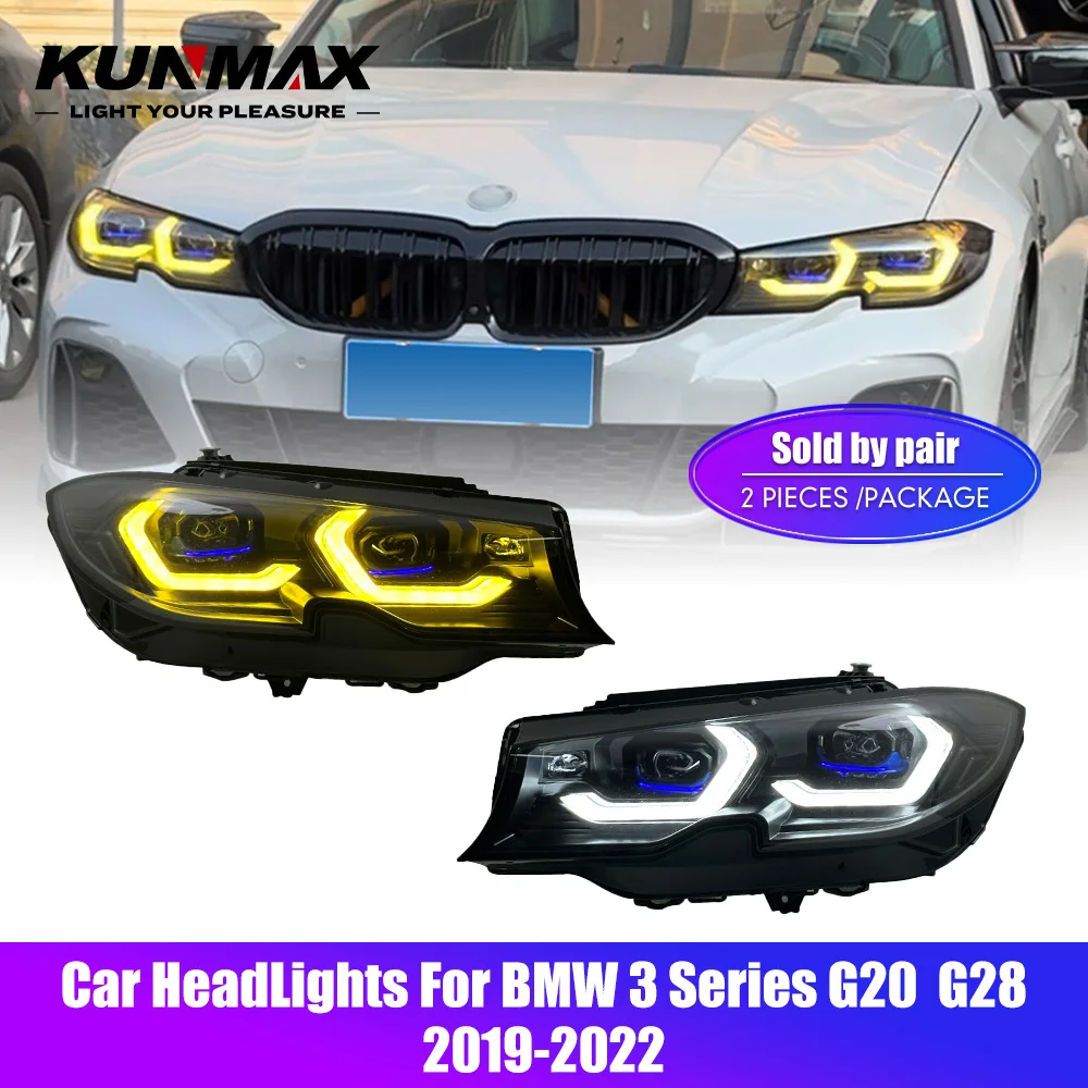 2PCs LED Car Headlight Assembly For BMW 3 Series G20 G28 2019-22 Dual-color Flowing Water Flicker Plug and Play DRL Head Lamp