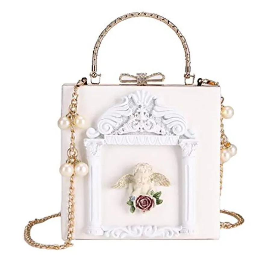 

QZUnique Women Love Evening Bag Rose Embossed Formal Purse Clutch Gold Crossbody Pearl Chain Shoulder Bag