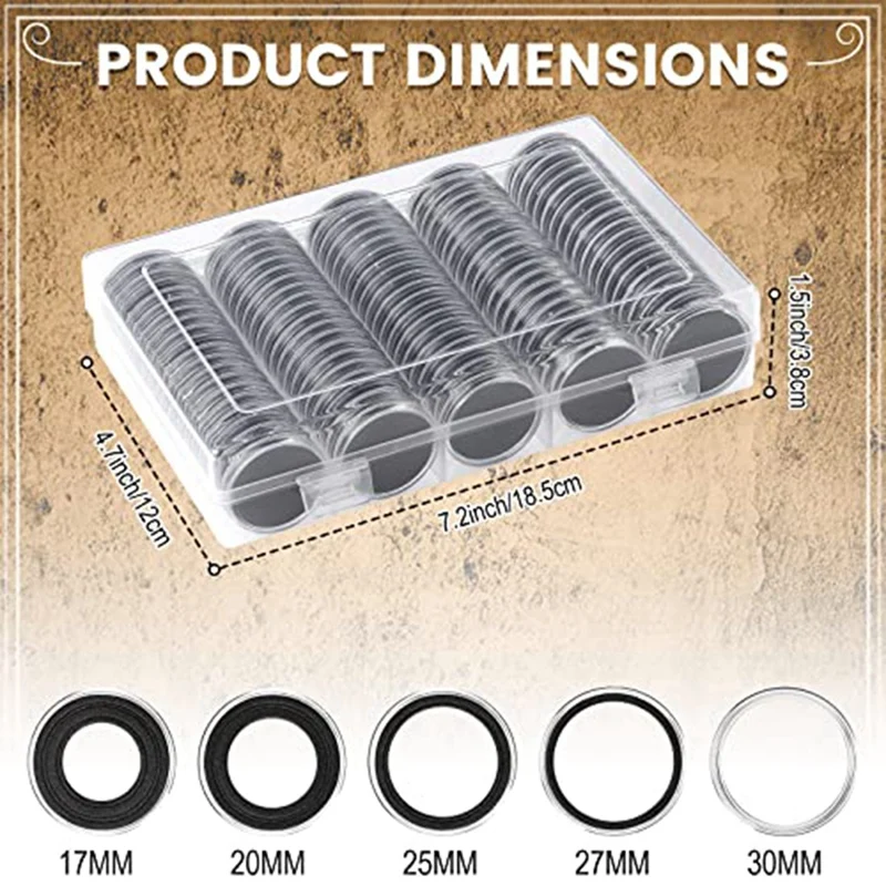 300 Piece 30 Mm Coin Capsules With Black Protect Gasket Foam 5 Sizes (17/19/21.5/25/27/30Mm)