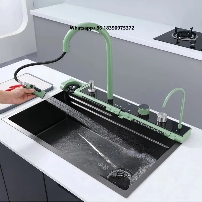 Green Handmade Modern Stainless Steel Waterfall Kitchen Sink Smart Digital Display Faucet Wash Dish Basin Piano Keys Large