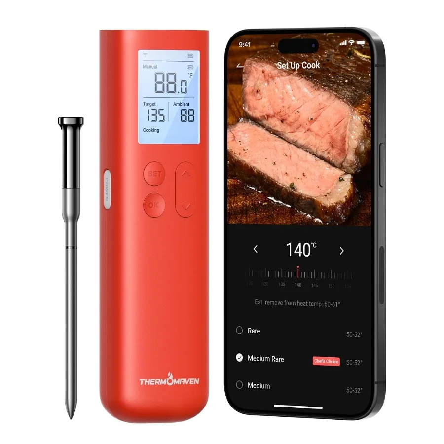 

Smart Bluetooth Wireless Meat Thermometer 10X Enhanced Sub1G Signal and Stability Standalone Display Base Certified Accuracy 0.