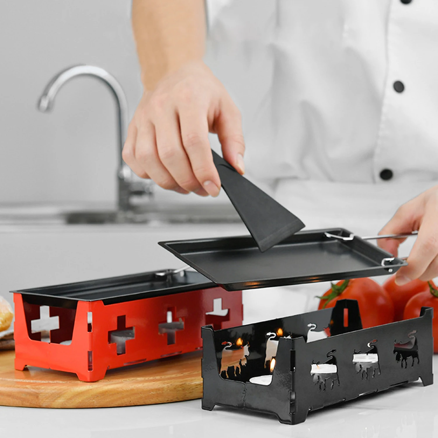 Non-Stick Raclette Grill Set Cheese Melter Pan with Spatula Foldable Wooden Handle Melted Cheese Raclette Carbon Steel Kitchen