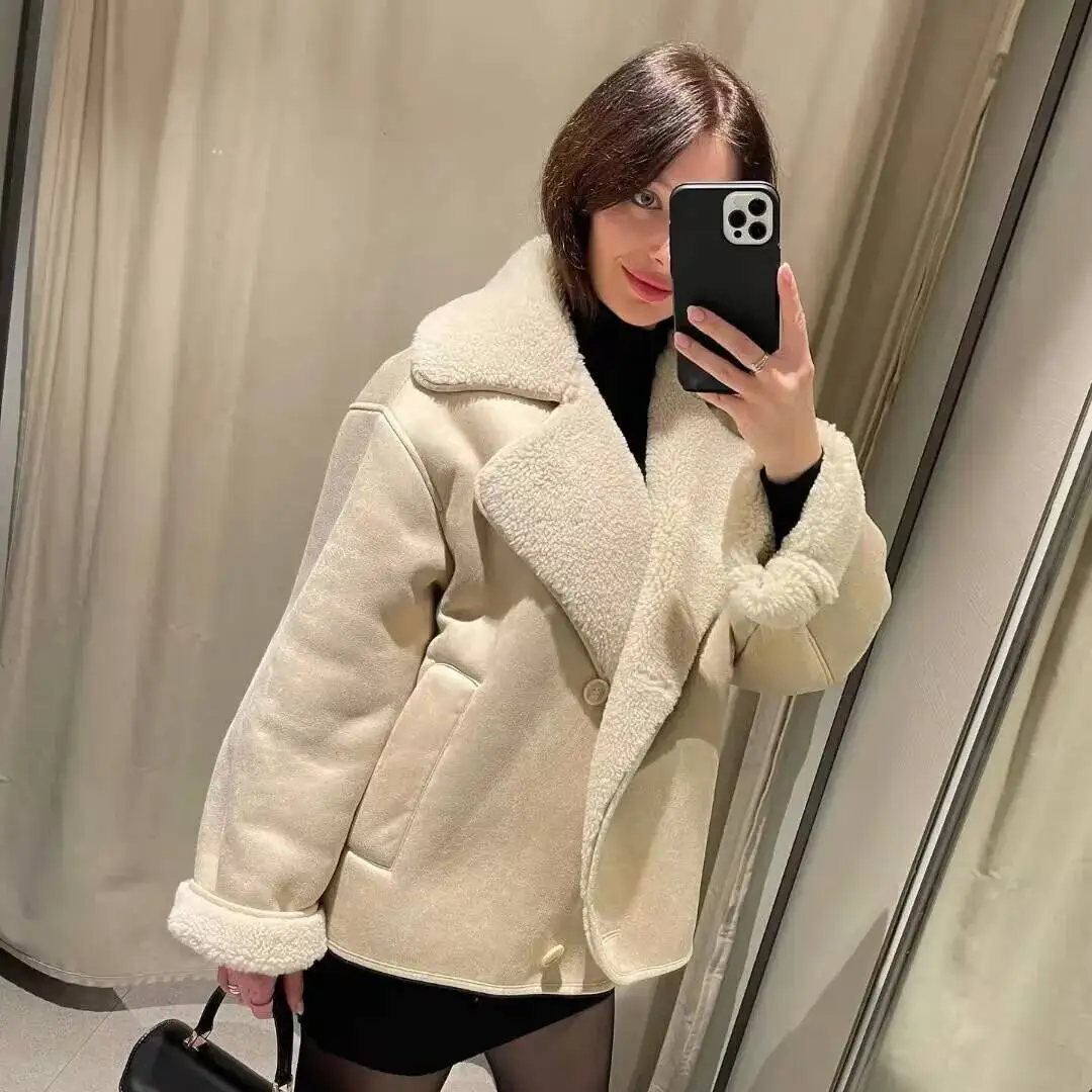 

Autumn And Winter New Women's Commuting Loose Wool One-Piece Suede Plus Veet Warm Lapel Long-Sleeved Jacket