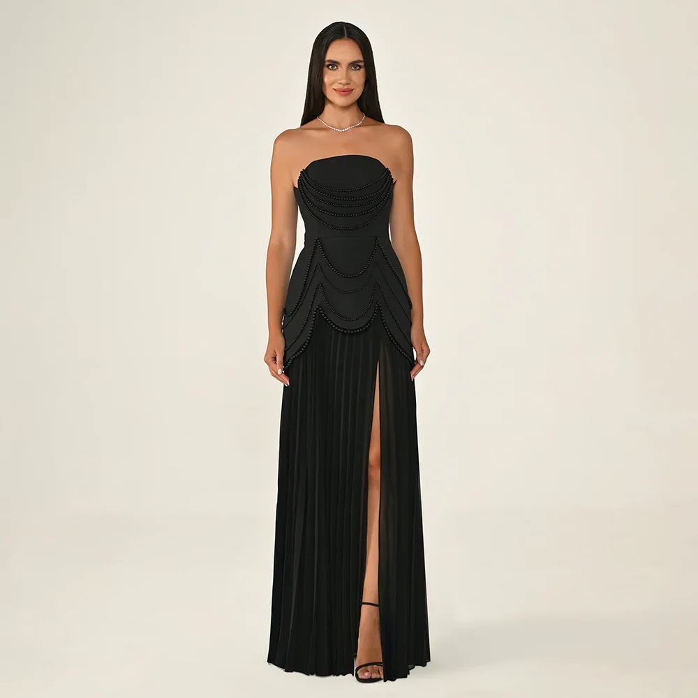 

Модное черное вечернее платье на заказ без бретелек с бисером и складками трапециевидной формы длиной до пола, вечерние платья с разрезом до бедра, платья для выпускного вечера