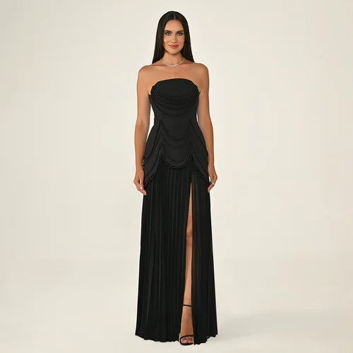 Vestido de noche negro de moda personalizado sin tirantes rebordear plisado una línea hasta el suelo vestidos de fiesta formales vestidos de fiesta con abertura en el muslo