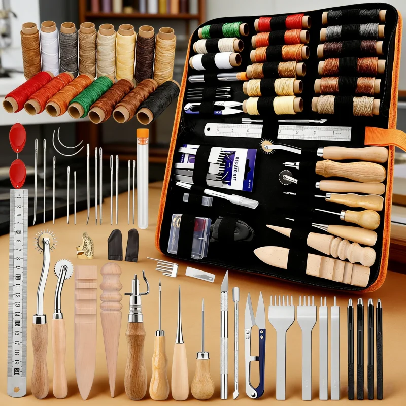 Orange Leather Sewing Kit Upholstery Repair Kit with Sewing Awl Scissors Tool Kit for Beginners Professionals Leather Craft DIY