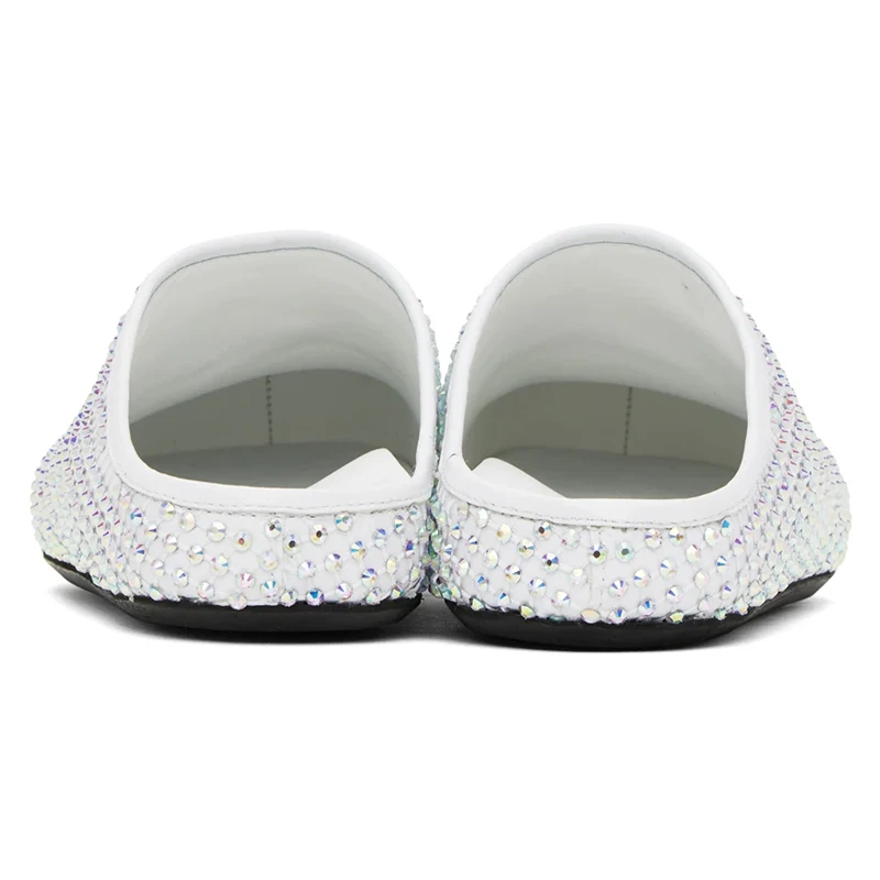 New Women\'s Rhinestone Half Head Slippers White Coloured Diamond Catwalk Show Round Toe Flat Shoes Wedding Spring Party Shoes