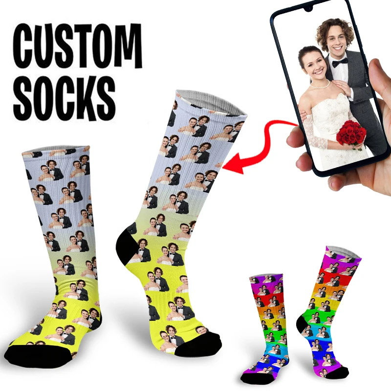 DIY Private Design Rainbow Gradient Cotton Sock Facial Custom Harajuku Novelty Long Socks Surprise Gift To Family  Friends New