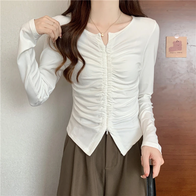Vintage Pleated Shoulders Slim Tunic Fall Spring Long Sleeve Round Neck Women T Shirt Fashion Harajuku Bodycon Clothes Euro Size