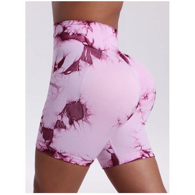 Short de Yoga sans couture pour femmes, teinture par nouage, taille haute, ventre, Fitness, sport, hanche pêche, pantalon à trois points
