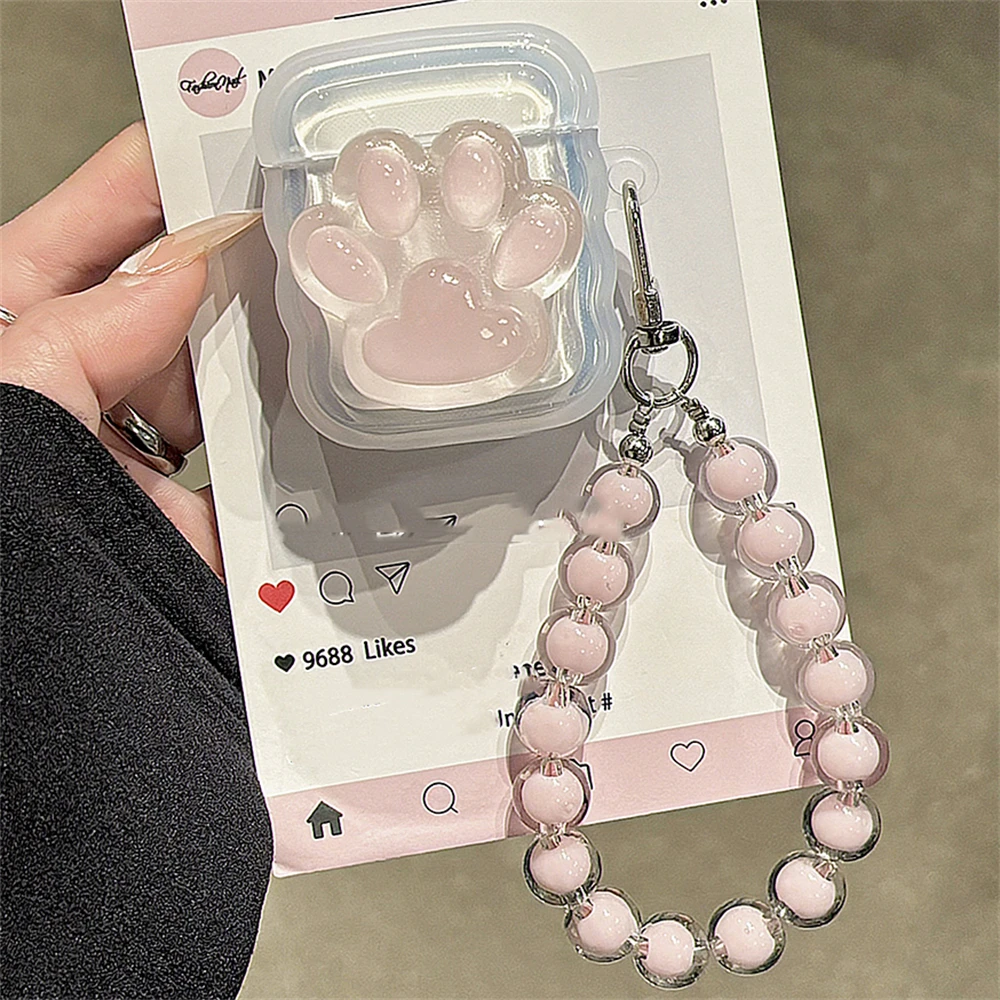 Cute 3D Cat Paw Wave Border Headphones Case For AirPods 1 2 3 With Beads Pendant Protective Shell Soft Cover For AirPods Pro 2