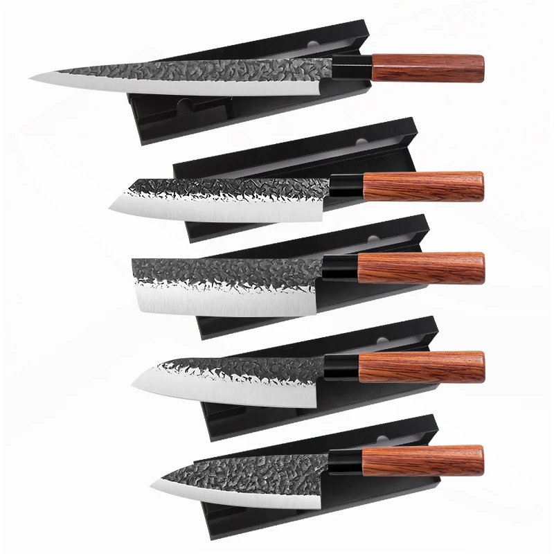 Japanese Knife Set Hand Forged Chef Knife Salmon Sushi Fish Filleting Knife Wood Handle Kitchen Knive Set Carbon Steel Knife Set